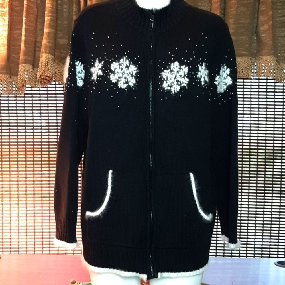 QUAKER FACTORY Vintage Angora‎ &Wool Black White  Sweater Beaded L 25x25x15
